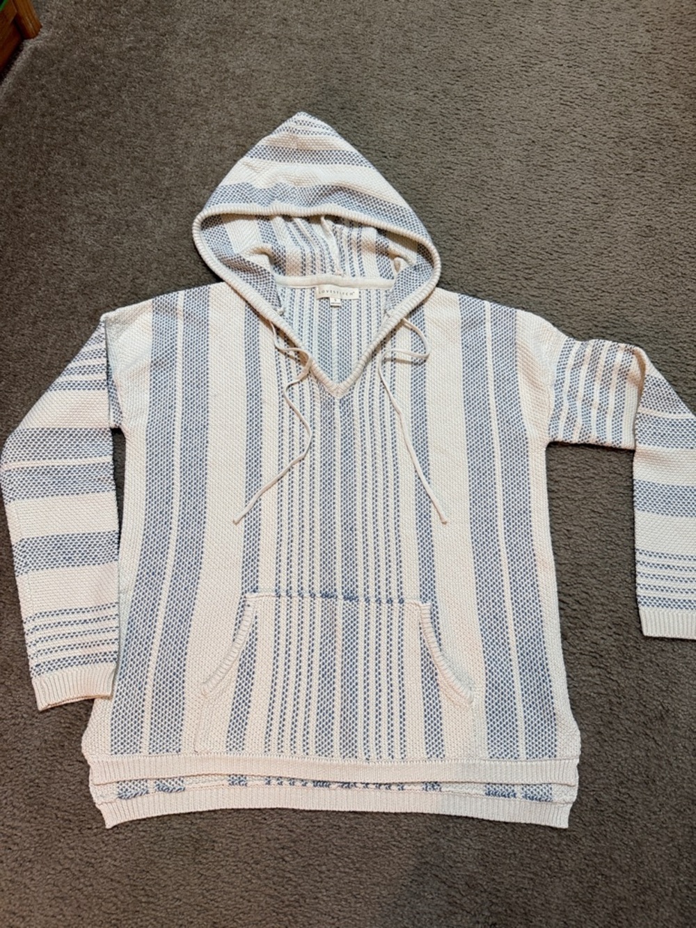 Striped Hooded Knit Pullover in Cream and Light Blue